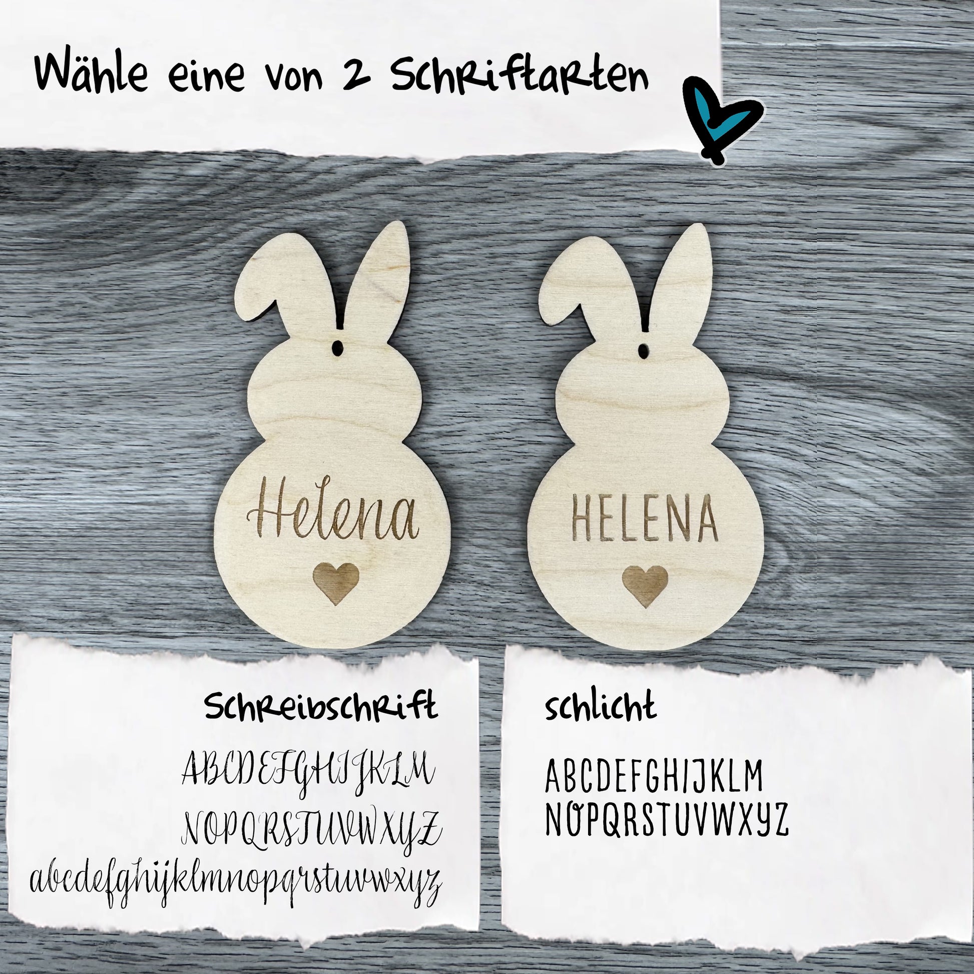 Schriftauswahl - Osteranhänger in Hasenform, personalisiert mit Name - Osterdeko am Tisch, Geschenkanhänger oder an ein Osterkörbchen gebunden. Eine schöne persönliche Geschenkidee