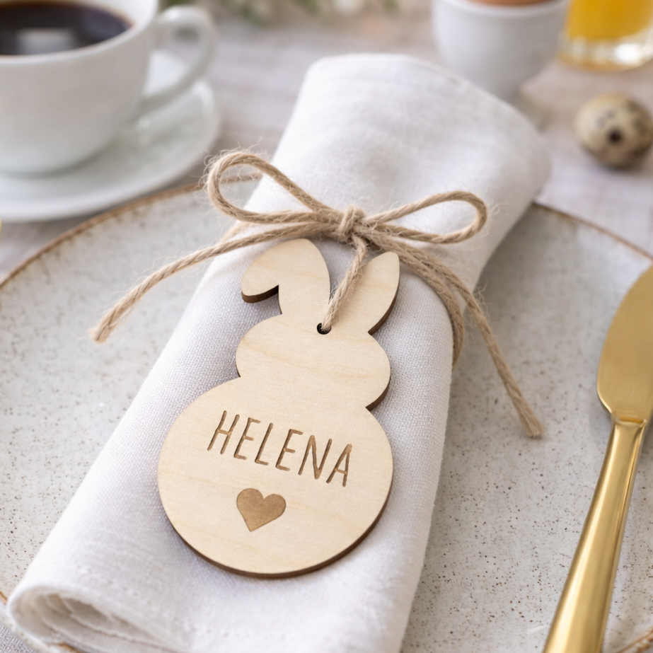 Dekorationsbeispiel - Osteranhänger in Hasenform, personalisiert mit Name - Osterdeko am Tisch, Geschenkanhänger oder an ein Osterkörbchen gebunden. Eine schöne persönliche Geschenkidee