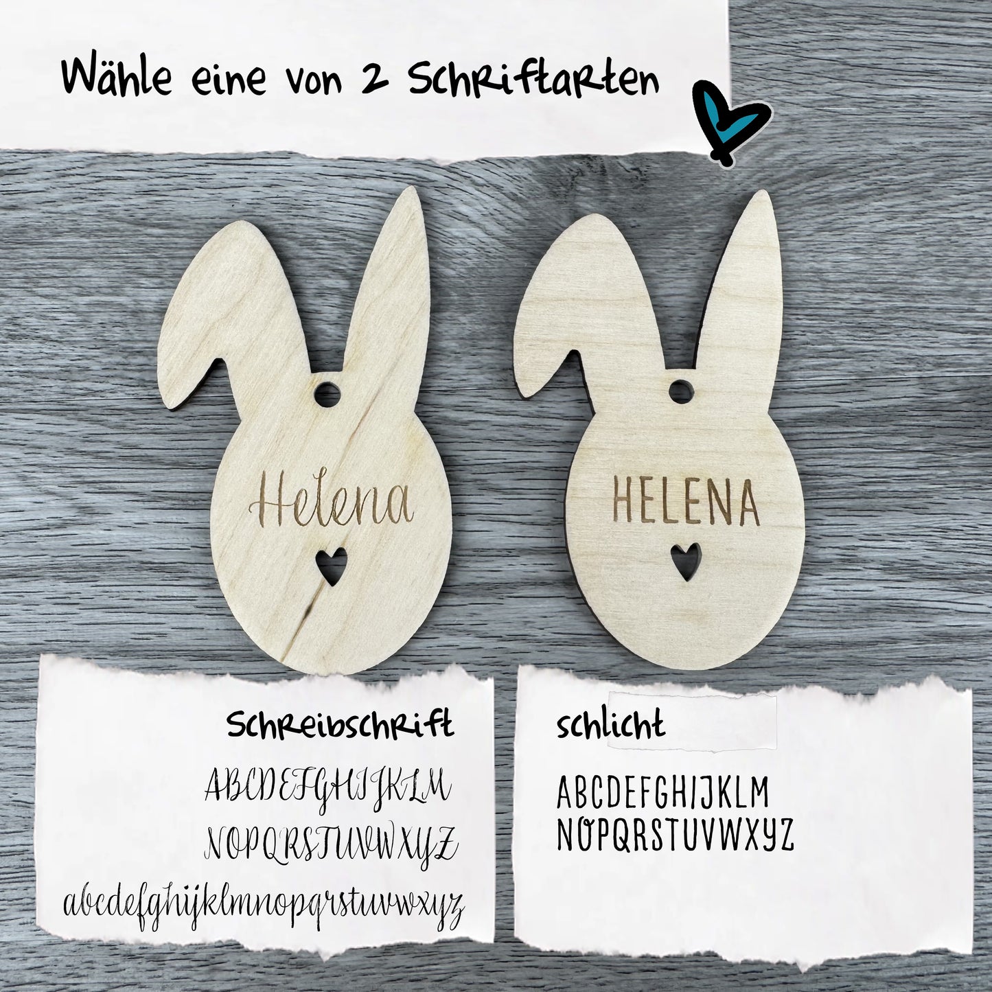 Schriftauswahl zwischen schlicht und Schreibschrift - Osteranhänger Hasenohren, mit Name personalisiert, Anhänger für Osterkörbchen, Osternest namentlich kennzeichnen, Geschenkanhänger oder als Platzdeko auf einem Osterbrunchtisch, einem österlich gedeckten Tisch