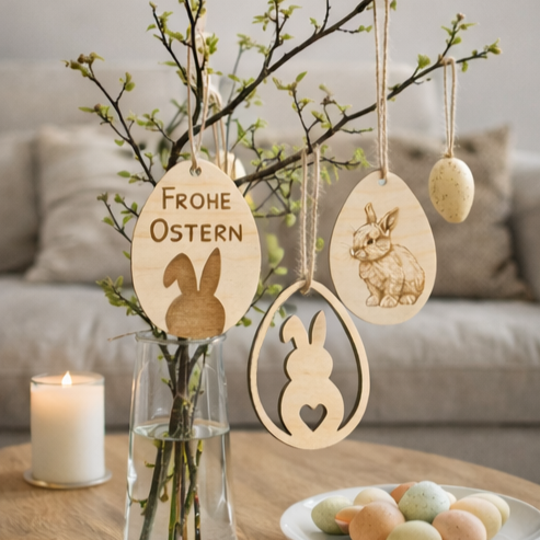 Dekobeispiel Osterstrauch, Zweig - Osteranhänger 3er Set, Eiform, Frohe Ostern, Häschen Illustration, Hasensilhouette - graviert auf Holz