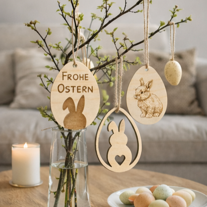 Dekobeispiel Osterstrauch, Zweig - Osteranhänger 3er Set, Eiform, Frohe Ostern, Häschen Illustration, Hasensilhouette - graviert auf Holz