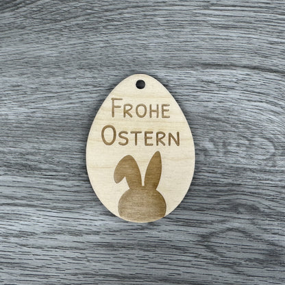 Draufsicht Anhänger Frohe Ostern - Osteranhänger 3er Set, Eiform, Frohe Ostern, Häschen Illustration, Hasensilhouette - graviert auf Holz