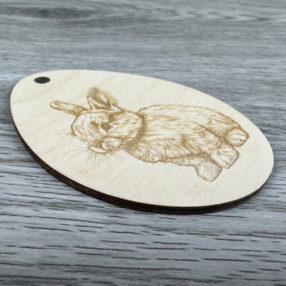 Seitenansicht Häschen - Osteranhänger 3er Set, Eiform, Frohe Ostern, Häschen Illustration, Hasensilhouette - graviert auf Holz