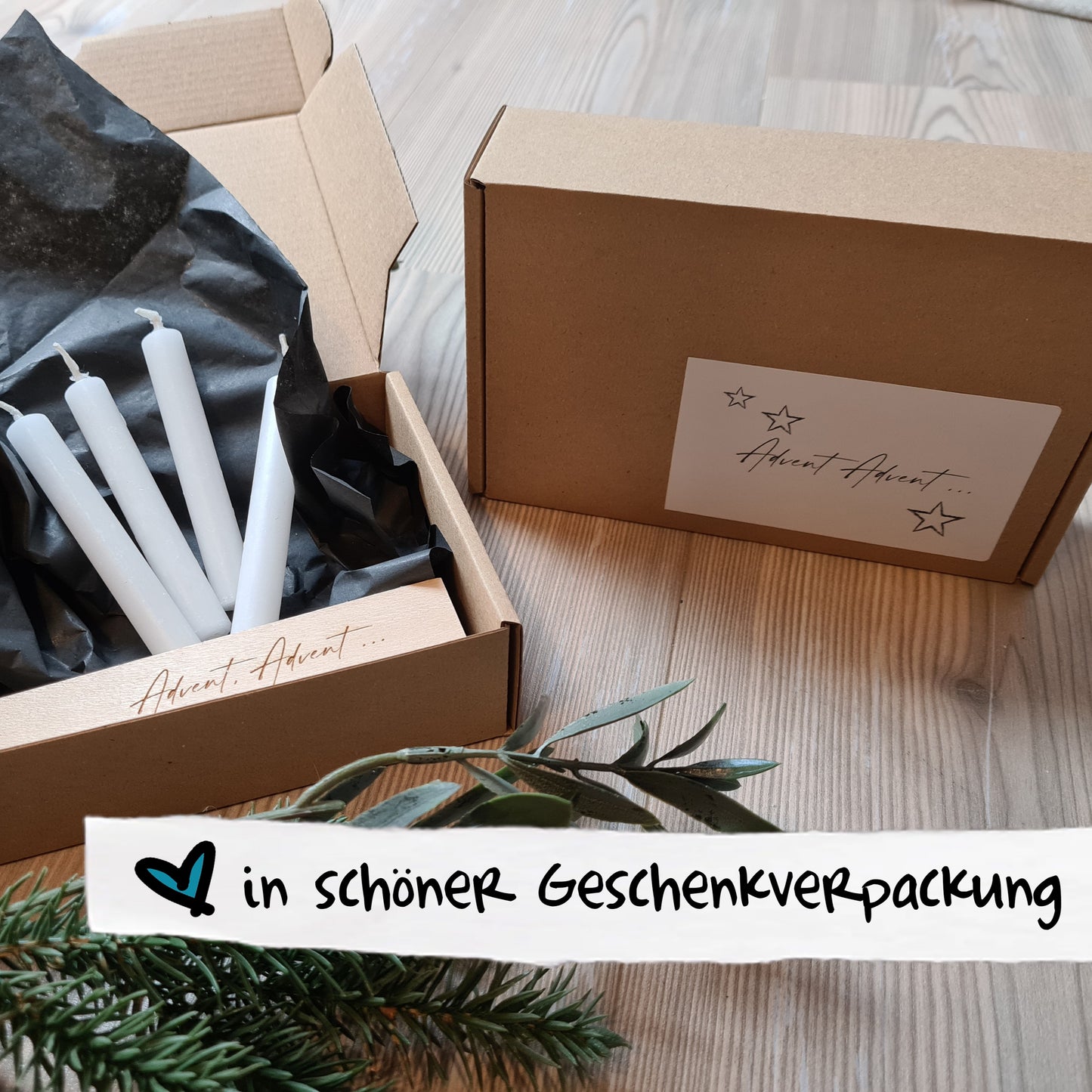 Ansicht Geschenkverpackung, Advent Advent, mit Sternen verziert, verpackt zum Verschenken, Spare dir das Geschenkpapier