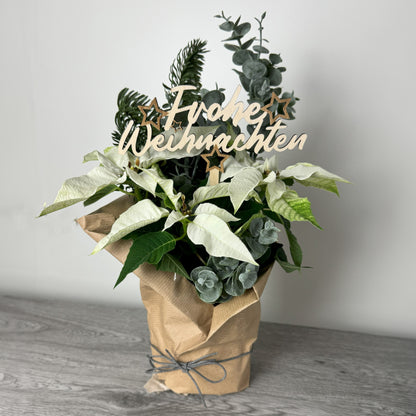 Holzschriftzug "Frohe Weihnachten" - ideal als Blumenstecker für Blumensträuße, Blumentöpfe, Topfpflanzen und als weihnachtliche Dekoration.