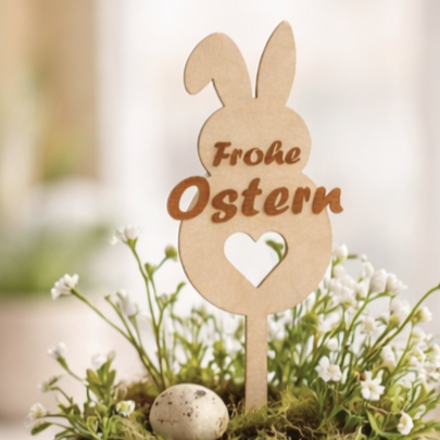 Dekobeispiel Pflanzschale - Osterstecker, Hasenform, Frohe Ostern Schriftzug, Blumenstrauß, Blumenstecker, Dekoidee, Ostern, österliche Deko, Geschenkidee zu Ostern