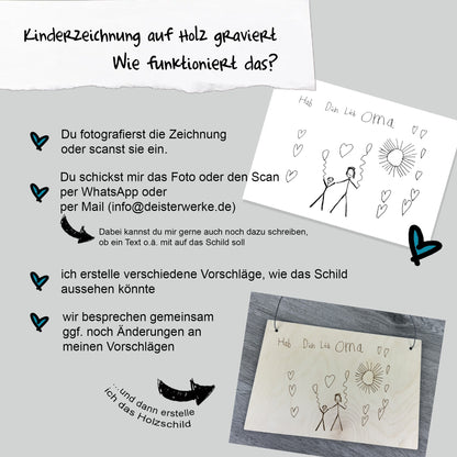 Holzschild Kinderkunstwerk Querformat- Kinderzeichnung im Original graviert - Deisterwerke