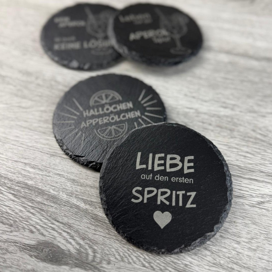 4er Set Schieferuntersetzer - Hallöchen Aperölchen, Liebe auf den ersten Spritz, Leben auf der Aperol-Spur, kein Aperol ist auch keine Lösung