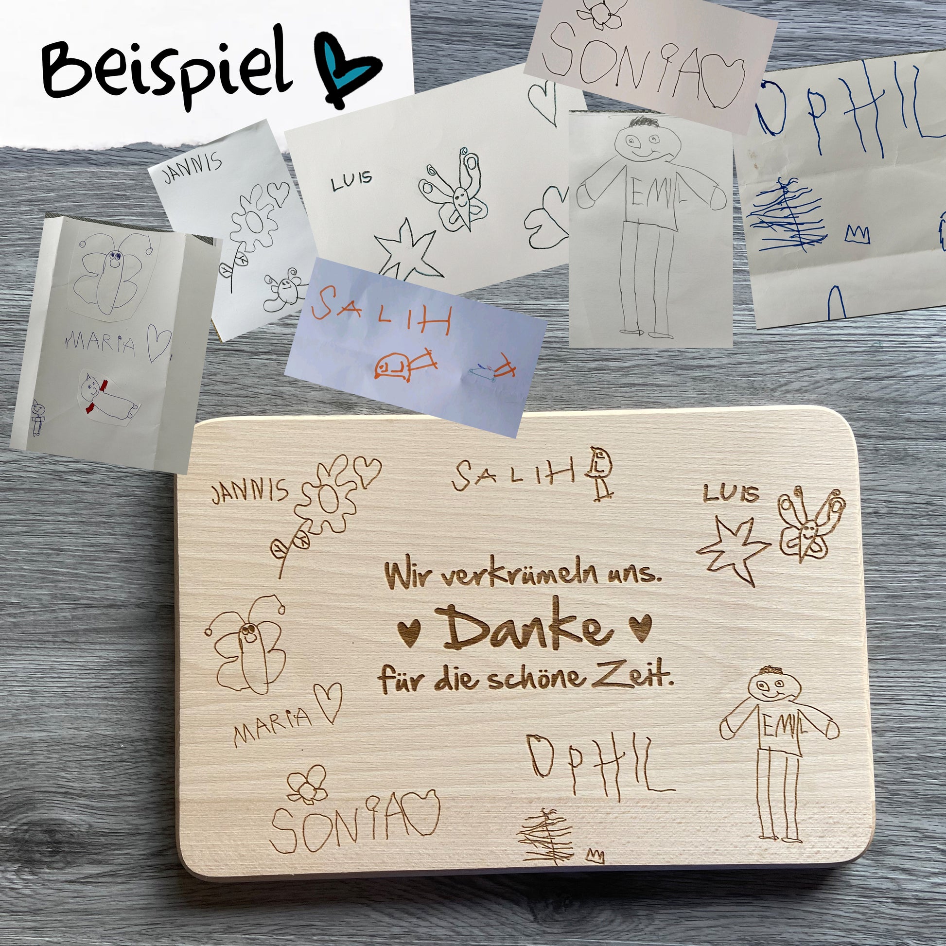 Beispiel Schneidebrett Abschied Kindergarten Abschiedsgeschenk für Erzieher/innen Zeichnungen der Kinder auf Holz graviert Buchenholz individuelle Gravur