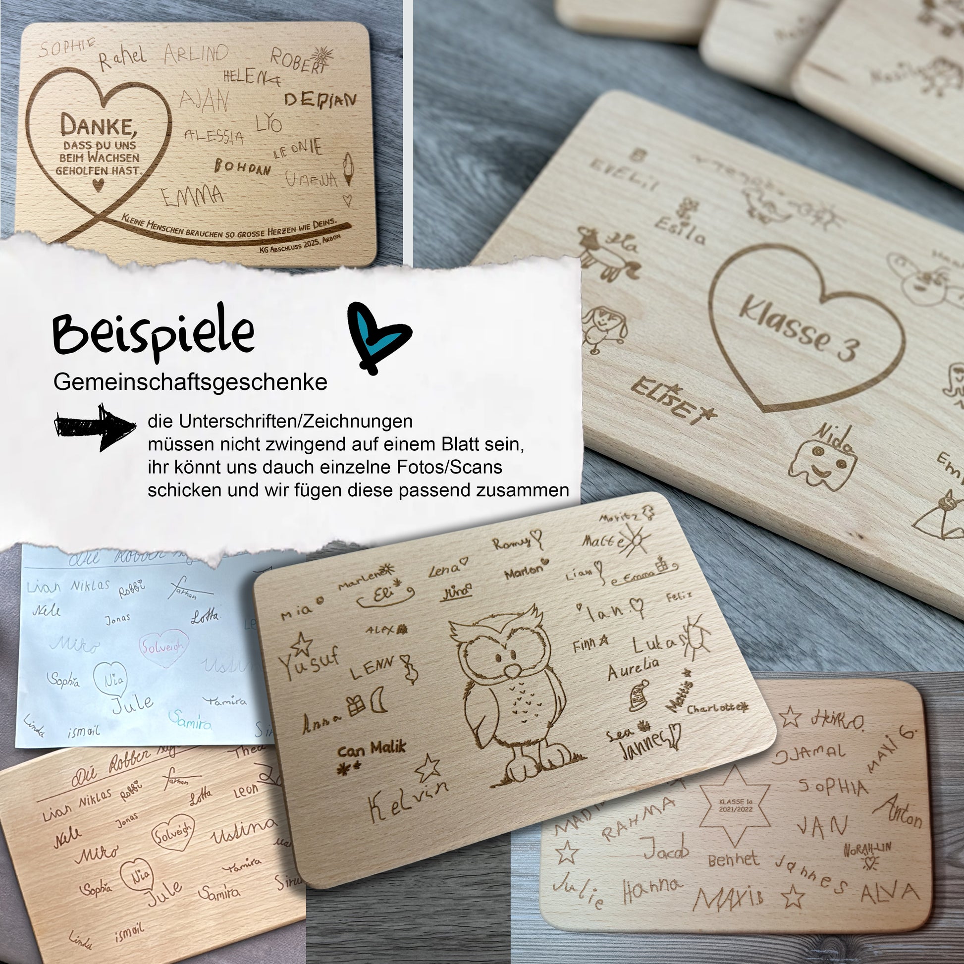 Gemeinschaftsgeschenke, Abschiedsgeschenke für die Kita oder Schule, Lehrerin, Lehrer, Erzieher, Erzieherin, Unterschriften und Zeichnungen im Original auf Holz graviert