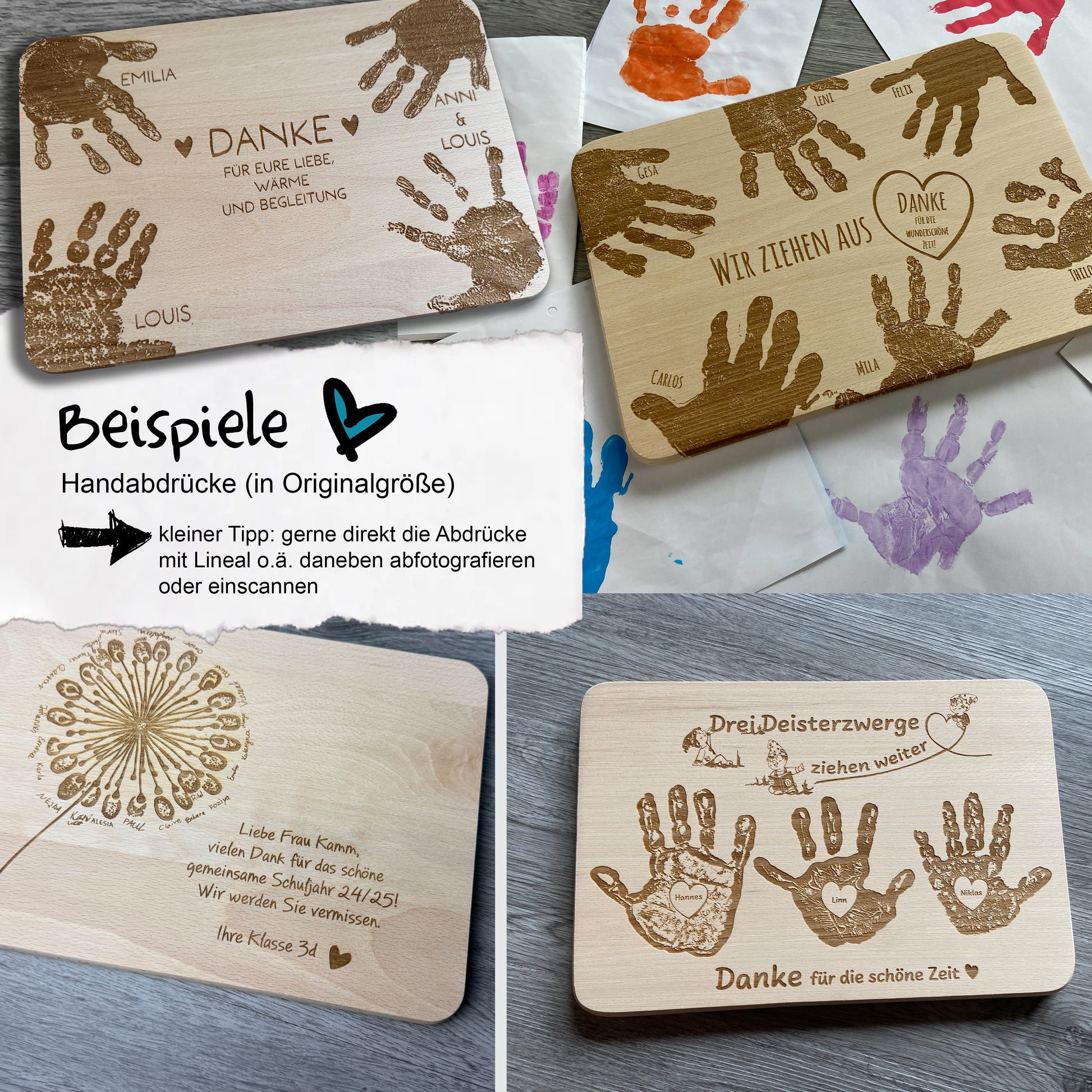 Beispiele Handabdrücke in Originalgröße auf Holz graviert - Abschiedsgeschenke, Danke sagen, Wertschätzung Erzieher Erzieherin Lehrer Lehrerin