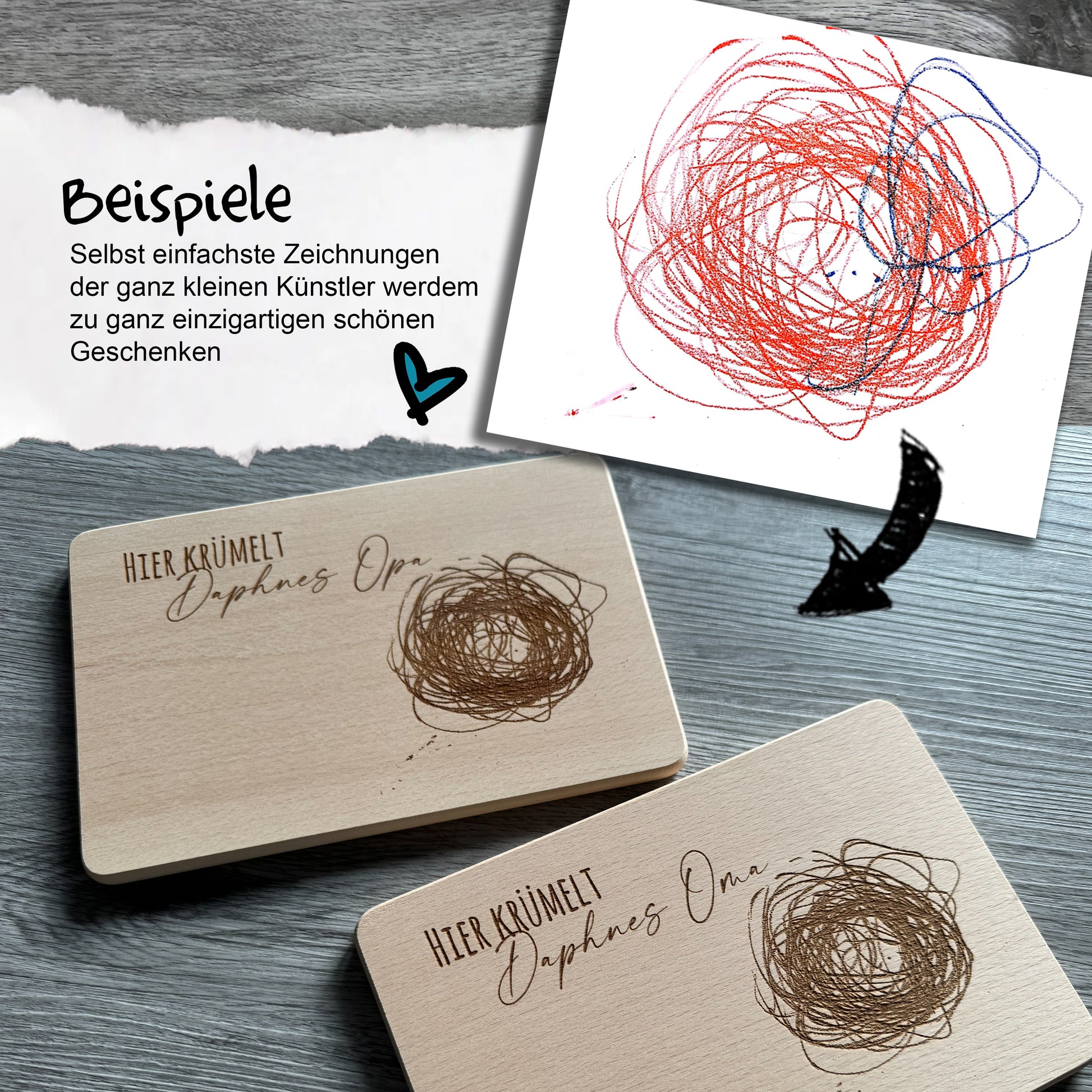 Kinderzeichnung im Original auf Holz graviert, individuelle Geschenkidee für Oma, Opa, Mama, Papa oder andere liebe Menschen, denen man etwas ganz besonderes schenken möchte