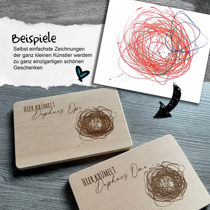 Kinderzeichnung im Original auf Holz graviert, individuelle Geschenkidee für Oma, Opa, Mama, Papa oder andere liebe Menschen, denen man etwas ganz besonderes schenken möchte