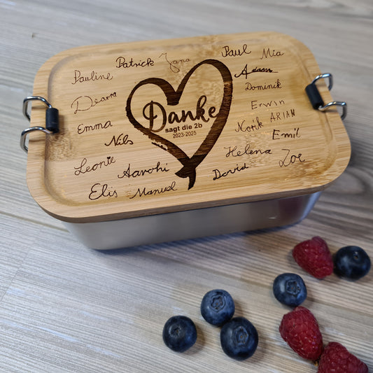 Brotdose als Geschenk für Lehrer*innen, Original Unterschriften der Schüler*innen auf Holz graviert, individuell, persönlich, besonderes Abschiedsgeschenk, Danke sagen