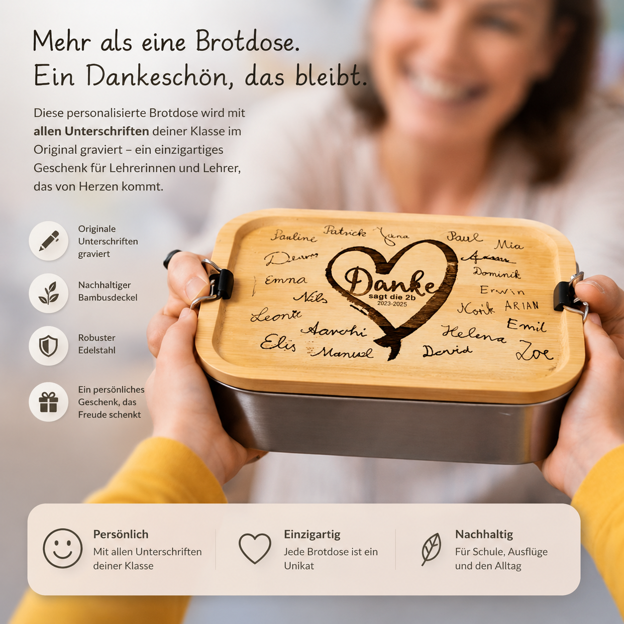 Zusammenfassung Brotdose als Geschenk für Lehrer*innen, Original Unterschriften der Schüler*innen auf Holz graviert, individuell, persönlich, besonderes Abschiedsgeschenk, Danke sagen