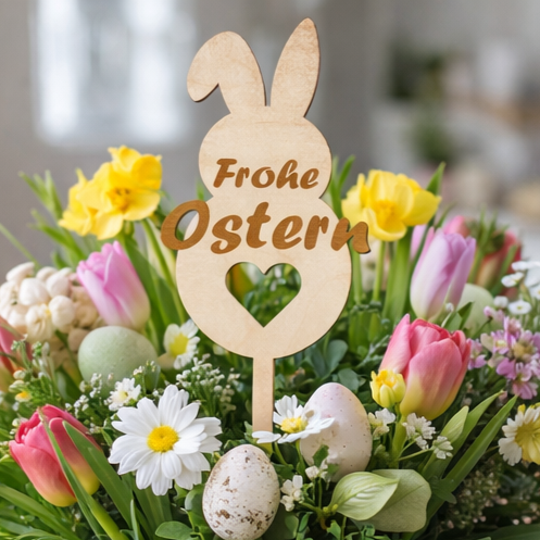 Dekobeispiel - Osterstecker, Hasenform, Frohe Ostern Schriftzug, Blumenstrauß, Blumenstecker, Dekoidee, Ostern, österliche Deko, Geschenkidee zu Ostern