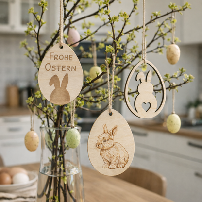 Osteranhänger 3er Set, Eiform, Frohe Ostern, Häschen Illustration, Hasensilhouette - graviert auf Holz