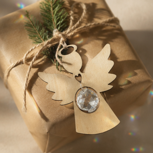 Schutzengel Anhänger aus Holz mit Kristall als persönliche Weihnachtsdekoration