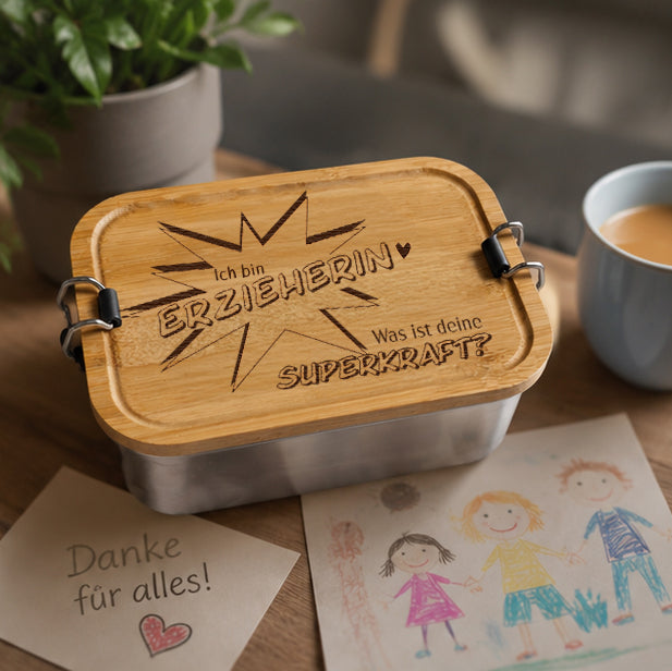 Geschenkidee für Erzieherin, Abschiedsgeschenk zum Danke sagen - Brotdose mit Spruch "Ich bin Erzieherin, was ist deine Superkraft?" - origineller Spruch