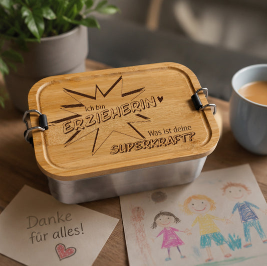 Geschenkidee für Erzieherin, Abschiedsgeschenk zum Danke sagen - Brotdose mit Spruch "Ich bin Erzieherin, was ist deine Superkraft?" - origineller Spruch