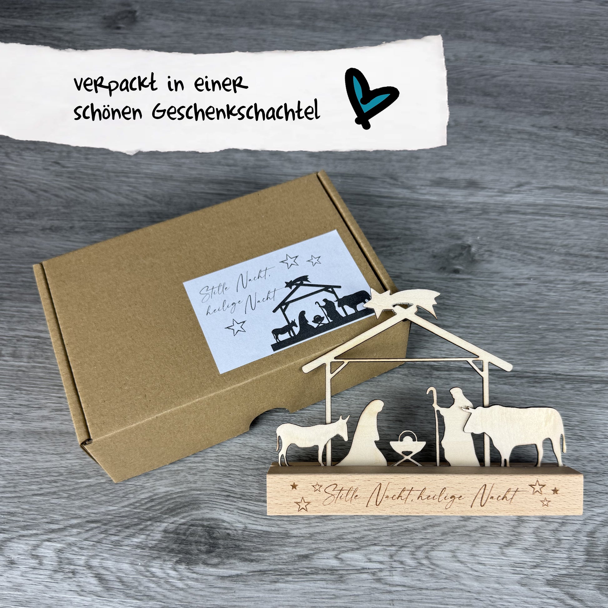 Mini Krippe inklusive schöner Geschenkschachtel. Direkt als Geschenk verpackt ist es eine super Geschenkidee als kleine Mitbringsel. Kleines Dekoaccessoires aus Holz zum Verschenken oder selbst beschenken.