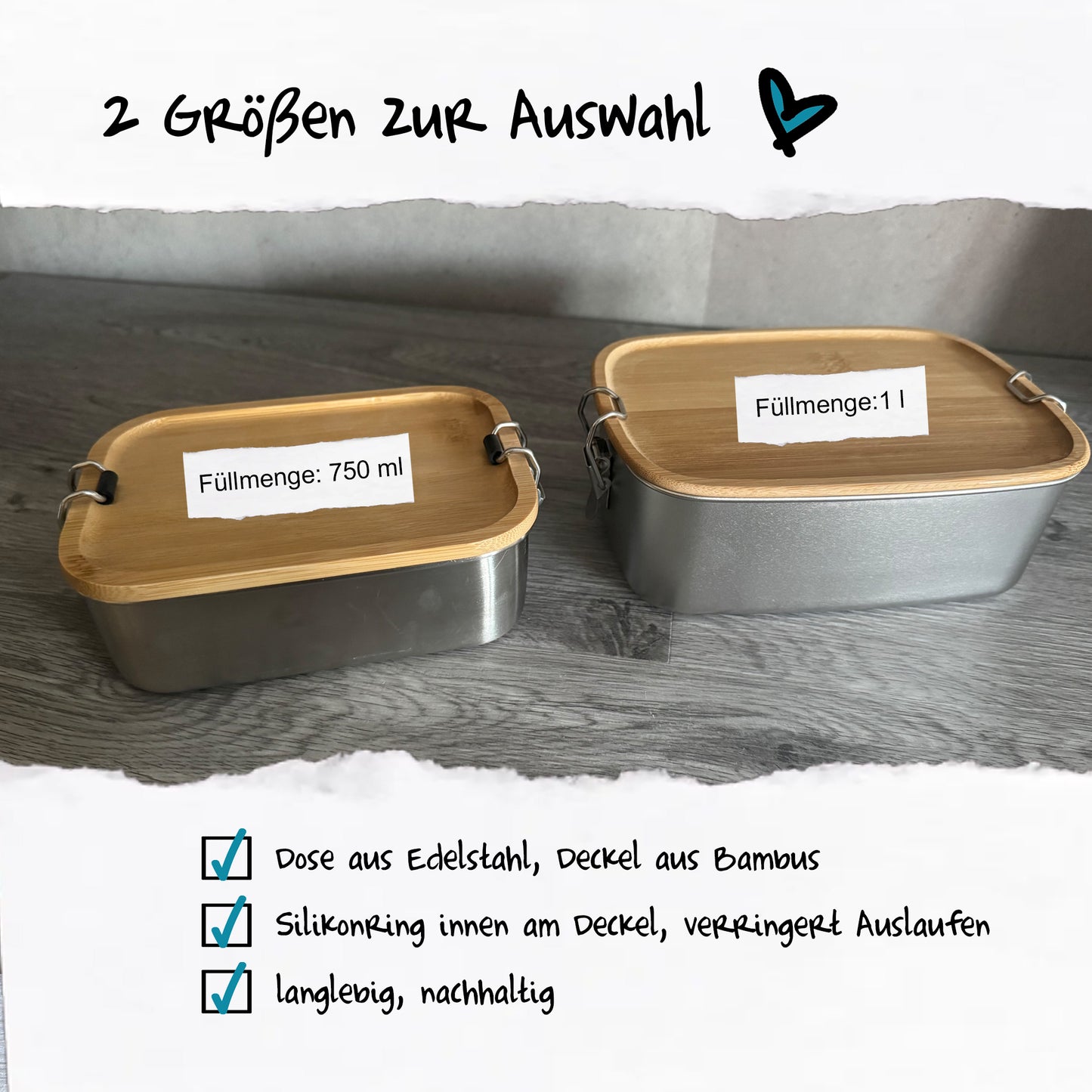 Auswahl aus 2 Größen, 750 ml Füllmenge oder 1 l Füllmenge. Box aus Edelstahl mit Bambusdeckel - individuelle Geschenkidee - Lunchbox, Brotdose, Brotbox, Vesperbox