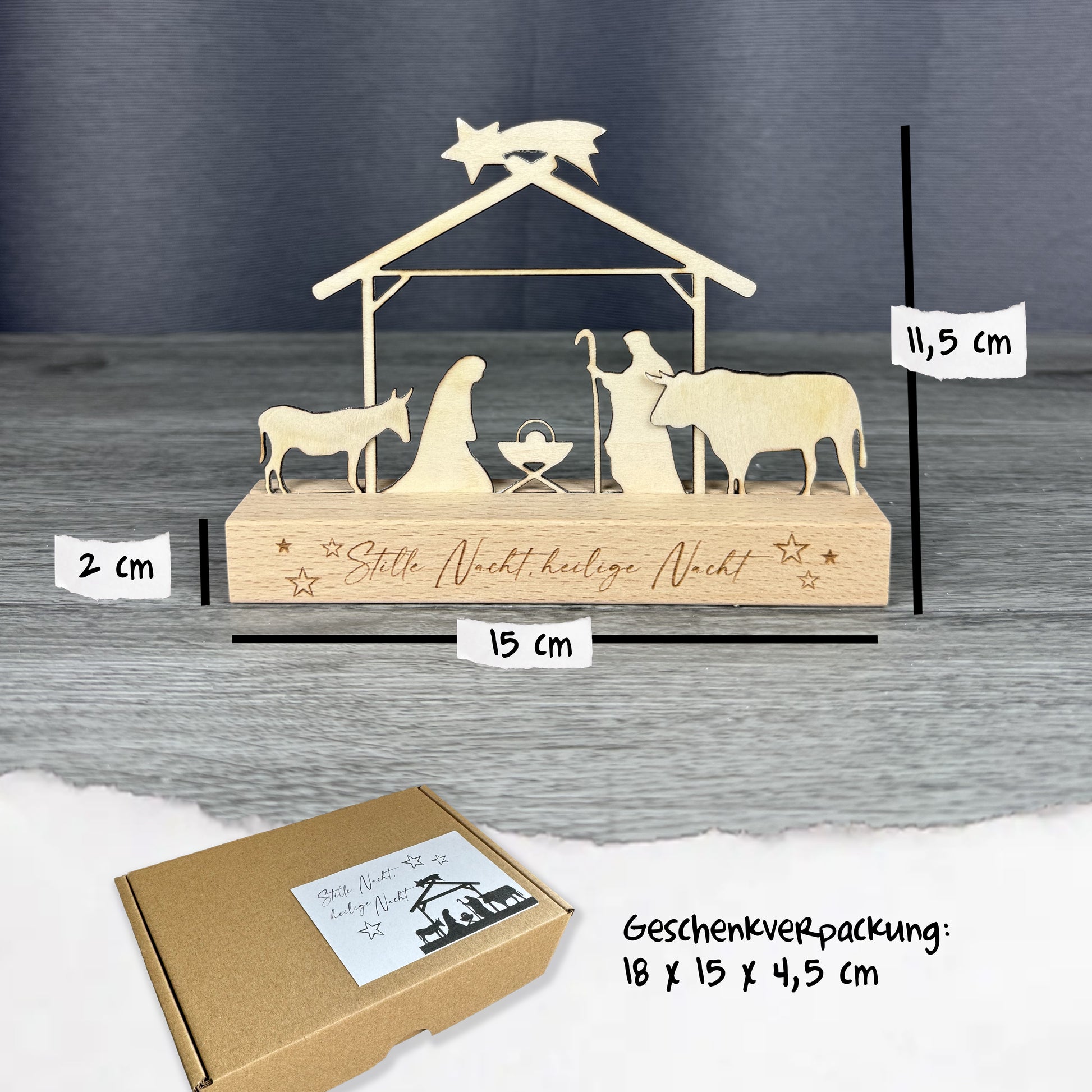 Größenangaben Krippe: 15x2 cm Sockel, Höhe insgesamt: 11,5 cm, Maße Geschenkverpackung: 18x15x4,5 cm, Holzkrippe, Minikrippe aus Holz, Weihnachtskrippe super zum Verschenken, kleines Dekoaccessoires