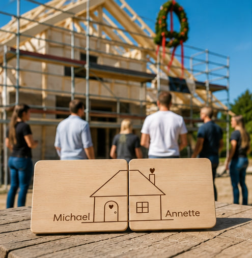 Partnerbrettchen Haus – personalisiertes Geschenk für Paare zum Einzug, Richtfest oder zur Hochzeit – mit eingravierten Namen.