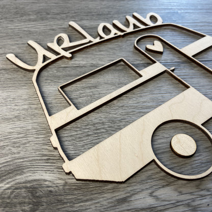 Detailansicht Wandbild Wohnwagen Camper Holz ausgeschnitten Laser
