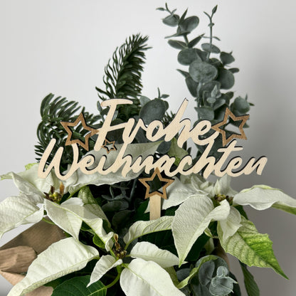 Schriftzug aus Holz Frohe Weihnachten - Blumenstecker für Blumenstrauß, Blumentopf, Topfpflanze, weihnachtliche Dekoration 