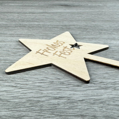 Seitenansicht - Blumenstecker in Sternenform mit Gravur "Frohes Fest"