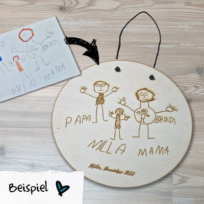 Holzschild Kinderkunstwerk, D: 20 cm - Kinderzeichnung im Original graviert - Deisterwerke