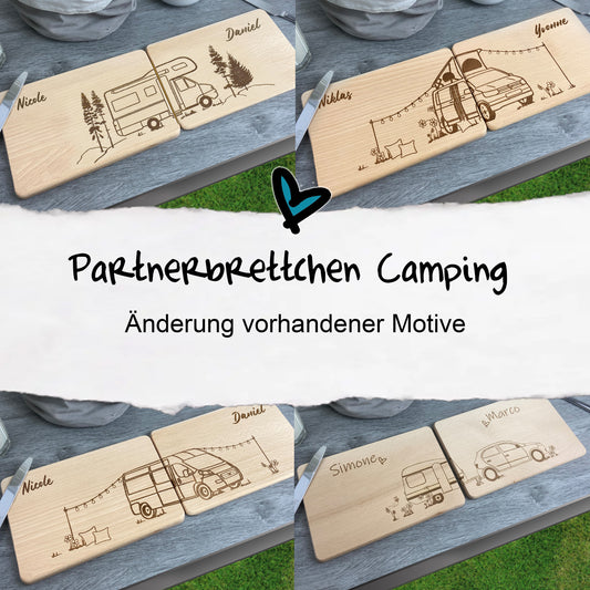 Partnerbrettchen Camping - Geschenkidee für Campingfans, Campervan, Camper mit Dachzelt, Wohnwagen, Wohnmobil - alle Motive werden nach deinen Wünschen angepasst - Hintergrund ändern, Hund dazu, Hochzeitsdatum