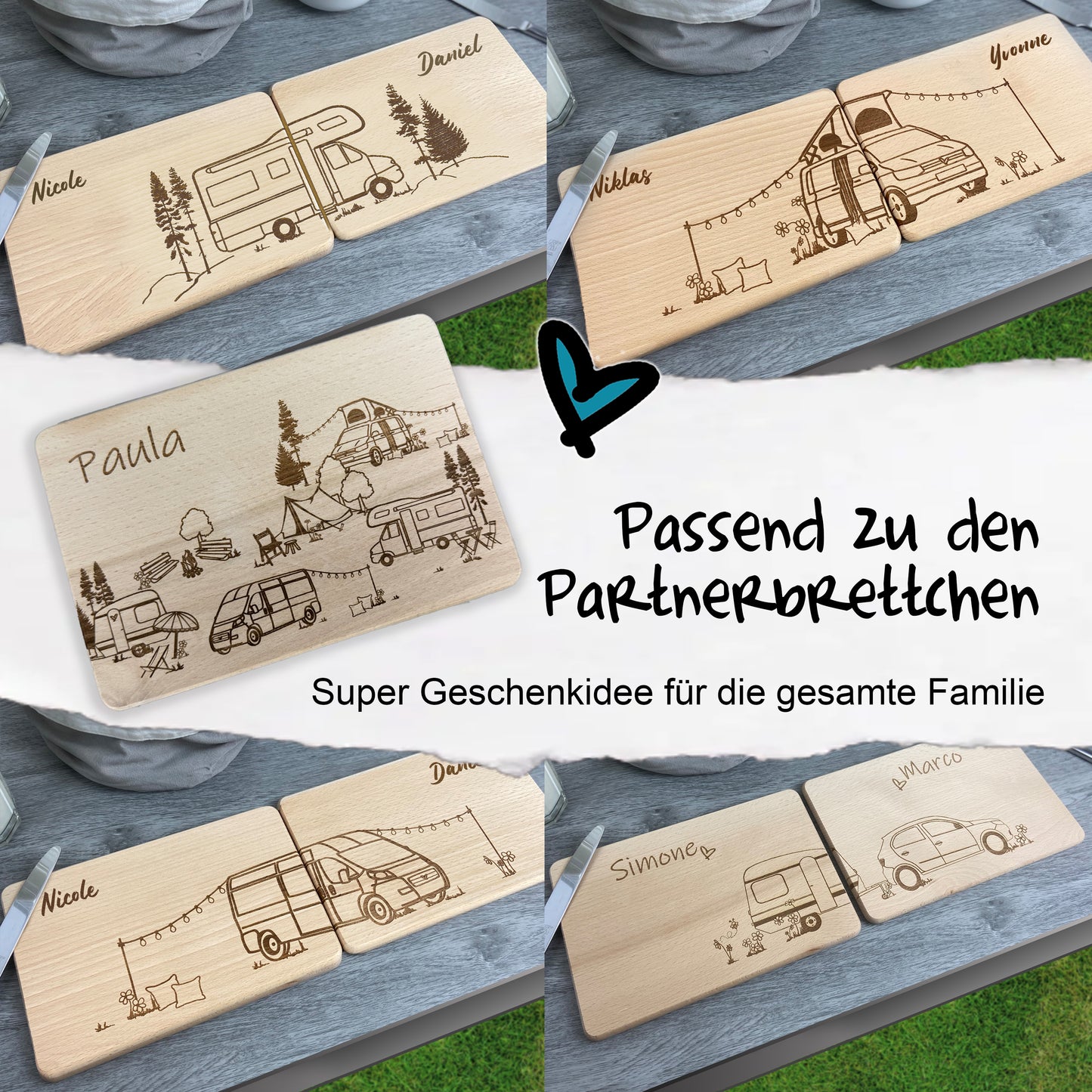 Hinweis auf Partnerbrettchen mit verschiedenen Fahrzeugen (Wohnmobil, Wohnwagen, Van, mit Dachzelt) - super Geschenkidee für die ganze Familie - Partnerbrettchen für die Eltern, Wimmelbild-Brettchen für die Kinder - Geschenkidee für Campingfans