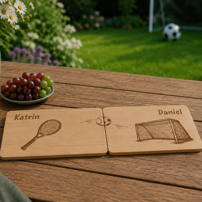 Partnerbrettchen Tennis Fußball - Geschenkidee für Paare - 2er Set Buchenbretter, Vesperbrett, Frühstücksbrettchen