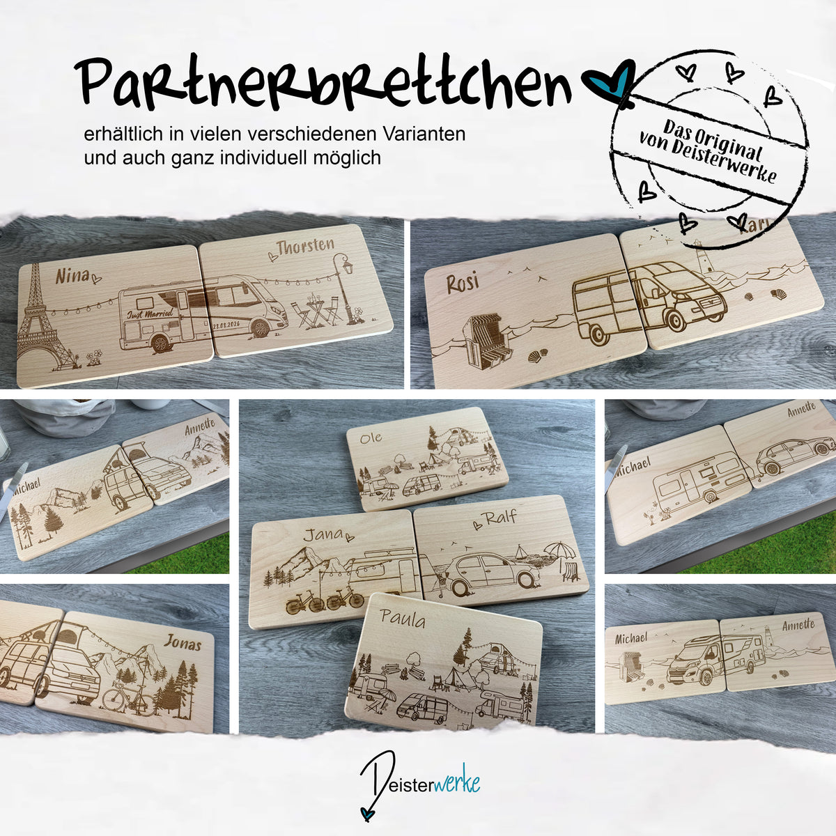 Individuelle Beispiele von Partnerbrettchen, Campinggeschenk, Geschenkidee für Paare mit Wohnmobil, Van, Dachzelt, verschiedene Varianten gezeigt - können individuell von Deisterwerke angepasst werden