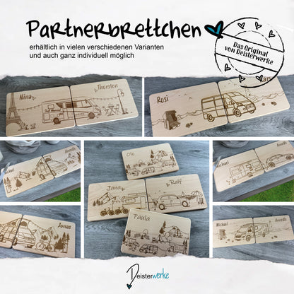 Individuelle Beispiele von Partnerbrettchen, Campinggeschenk, Geschenkidee für Paare mit Wohnmobil, Van, Dachzelt, verschiedene Varianten gezeigt - können individuell von Deisterwerke angepasst werden