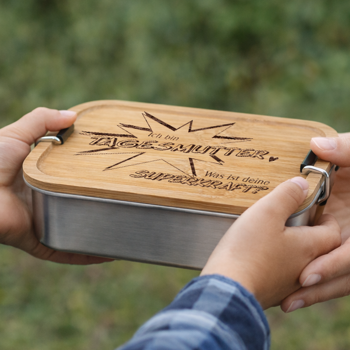 Beispielfoto Geschenk für Tagesmutter - Brotdose mit Spruch Ich bin Tagesmutter - was ist deine Superkraft
Abschiedsgeschenk, Danke sagen