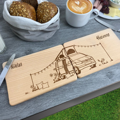Partnerbrettchen 2er-Set Camper Van Dachzelt - für echte Campingfans - personalisiert mit Namen - Deisterwerke