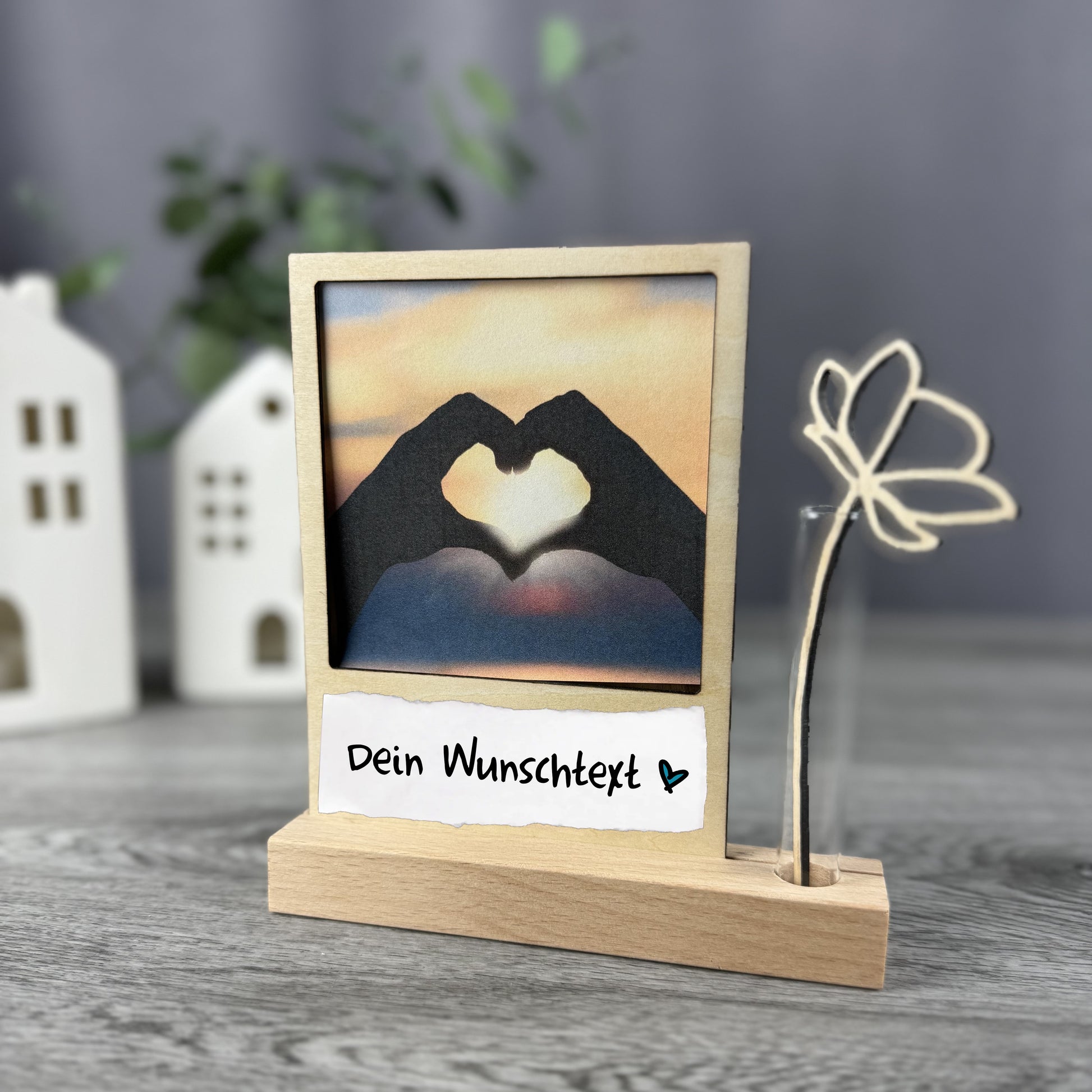 Bilderrahmen, Fotorahmen mit Wunschtext - inklusive Vase auf einem Holzsockel in schöner Geschenkverpackung