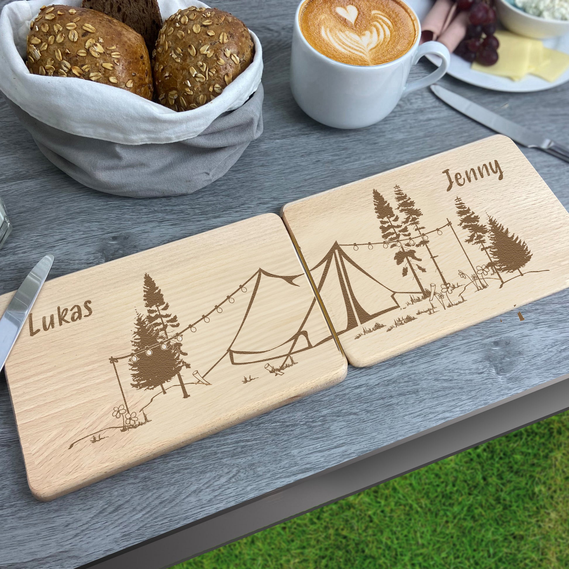 zelten geschenk Partnerbrettchen 2er-Set Zelt