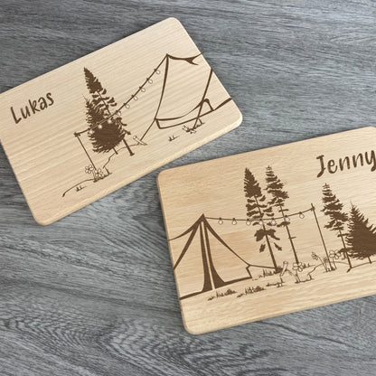 einzelne AnsichtPartnerbrettchen Zelten, Bäume, Zelt - Geschenkidee für Naturliebhaber und Zeltfreunde