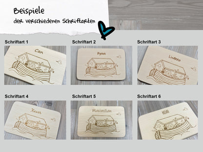 Schriftbeispiele Arche Noah Brettchen mit Motiv und Name personalisiert dank individueller Gravur christliches Geschenk zur Taufe Geschenkidee für Kinder zum Geburtstag Taufe Geburt Buchenbrett Holz verschiedene Schriftarten zur Auswahl