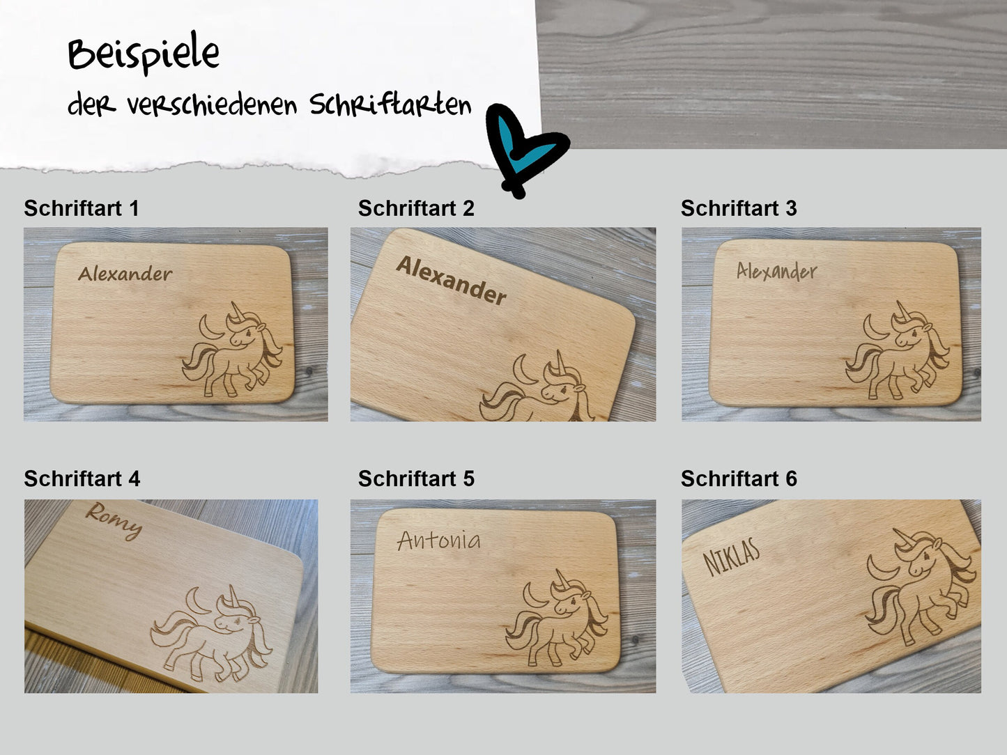 Brettchen Einhorn mit Name personalisiert Frühstücksbrettchen 22x15 cm Buche Brett Schneidebrett Vesperbrett Kinder individuelle Gravur auf Holz Geschenkidee zum Geburtstag Geschenk zur Geburt Weihnachtsgeschenk personalisierbar Kindermotiv Pony Pferd Schriftbeispiele