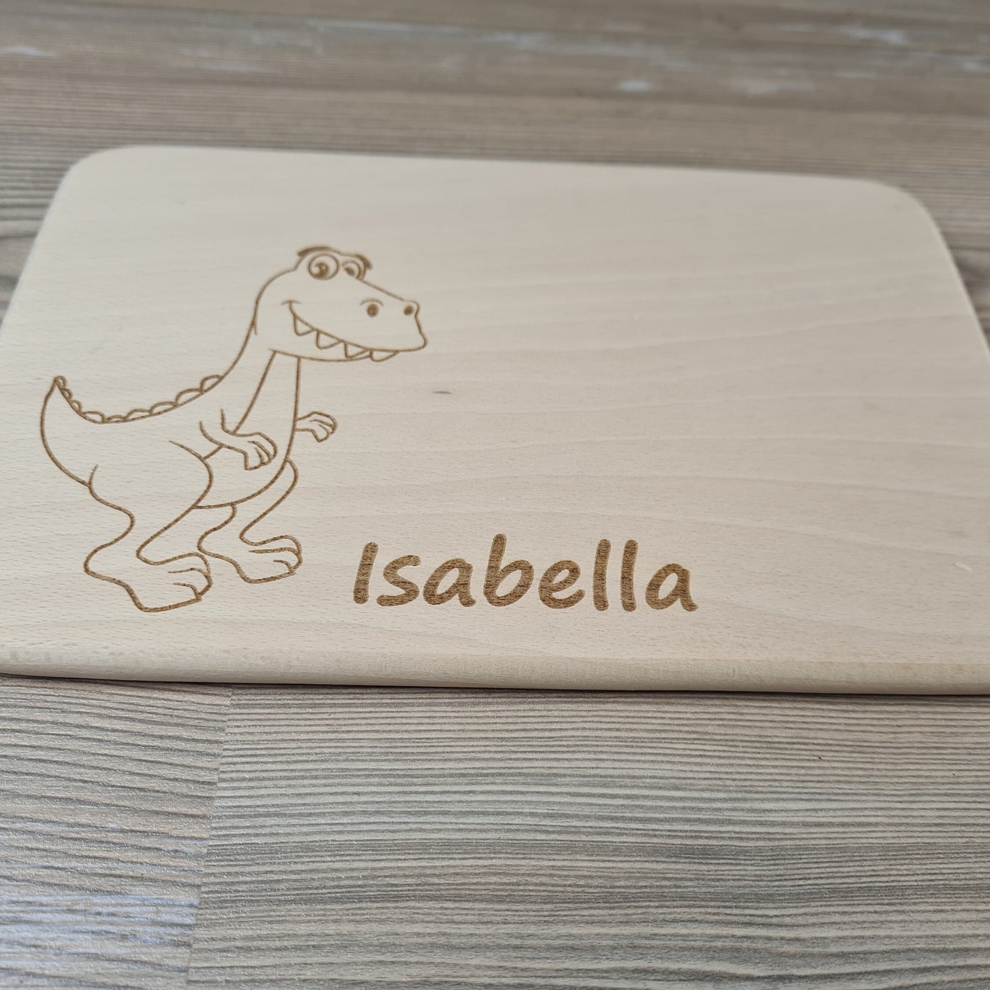 Dino Brettchen mit Motiv und Name für Dinofans Dinosaurier personalisiert dank individueller Gravur Affe Zootier Geschenkidee für Kinder zum Geburtstag Taufe Geburt Buchenbrett Holz verschiedene Schriftarten zur Auswahl