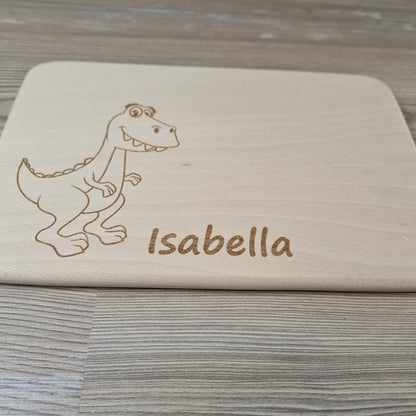 Dino Brettchen mit Motiv und Name für Dinofans Dinosaurier personalisiert dank individueller Gravur Affe Zootier Geschenkidee für Kinder zum Geburtstag Taufe Geburt Buchenbrett Holz verschiedene Schriftarten zur Auswahl