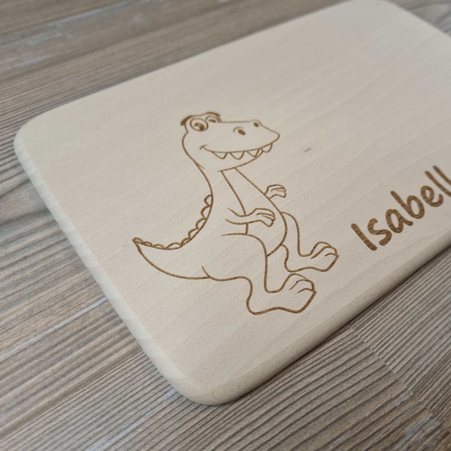 Dino Brettchen mit Motiv und Name für Dinofans Dinosaurier personalisiert dank individueller Gravur Affe Zootier Geschenkidee für Kinder zum Geburtstag Taufe Geburt Buchenbrett Holz verschiedene Schriftarten zur Auswahl