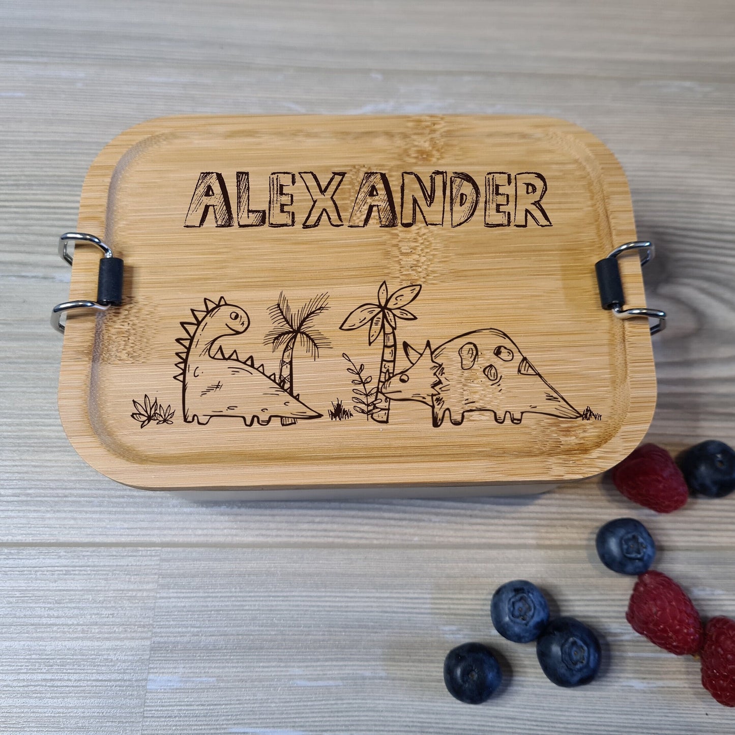 Lunchbox "Dinosaurier" - mit Name personalisiert - aus Edelstahl mit Bambusdeckel