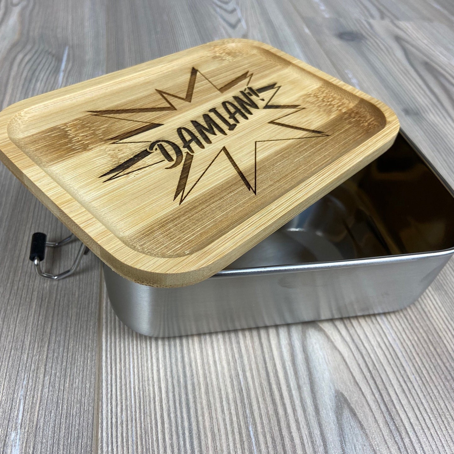 Lunchbox "Comic" - mit Name personalisiert - aus Edelstahl mit Bambusdeckel