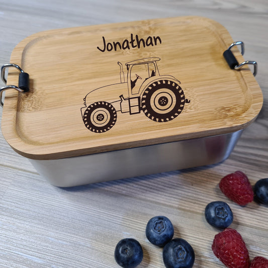 Lunchbox "Trecker" - mit Name personalisiert - aus Edelstahl mit Bambusdeckel